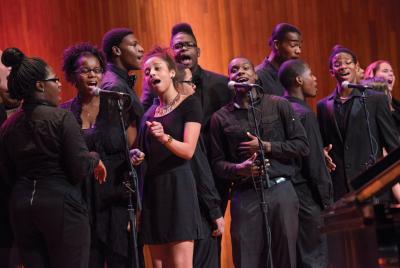The Boston Arts Academy Spirituals Ensemble, led by Dorchester’s Tyrone Sutton, has been selected for a  2016 GRAMMY Signature Schools Enterprise Award,  one of only two schools in New England to earn the award. 	Barry Hetherington photo
